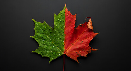 Vibrant Split-Toned Maple Leaf - Autumns Green and Red Contrast on Black.