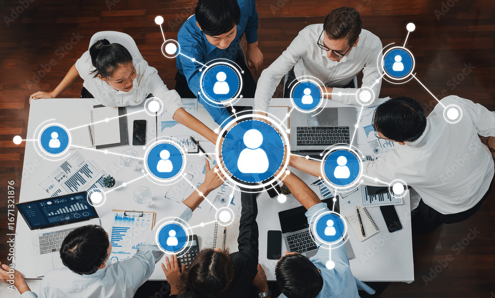 Poster engaging scene of diverse professionals collaborating at a conference table, utilizing technology an