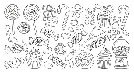 Delicious Candy and Sweets Collection in Doodle Style on Isolated White Background