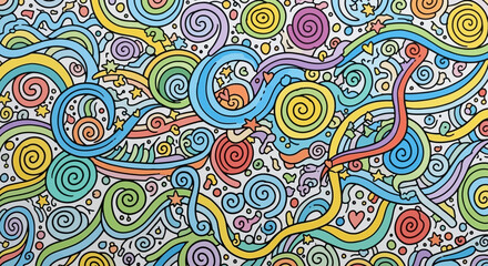 Colorful Abstract Doodle Swirl Pattern Background, Vibrant Wavy Lines and Curves with Stars.