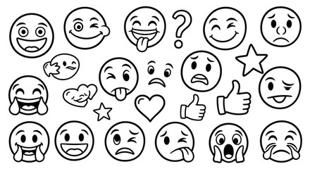 Black and White Cartoon Emoji and Emoticon Collection, Expressive Faces with Varied Emotions and Symbols on isolated white background.