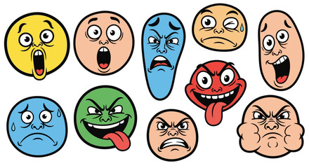 Colorful Cartoon Faces and Emoji Collection, Expressive Emotional Character Heads with Varied Moods on isolated white background.