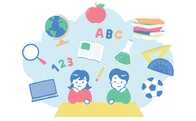 小学生の習い事や塾・学校教育をイメージした子供が勉強するイラスト_子どもの入会・入学・新学期シーンなど