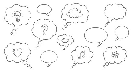 Hand Drawn Speech and Thought Bubbles Collection, Communication Doodle Icons with Idea, Question, Love, and Music Symbols on isolated white background.