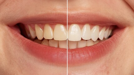 A close-up of a smile showing a comparison between yellowed teeth and whitened teeth, divided down the middle
