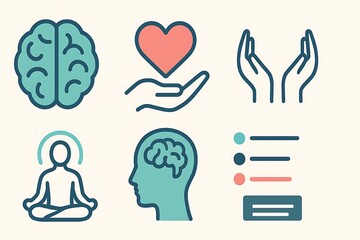 Fototapeta premium Collection of mental health icons including brain, heart, meditation, hands, and checklist, representing emotional wellness, mindfulness, mental support, and mental care