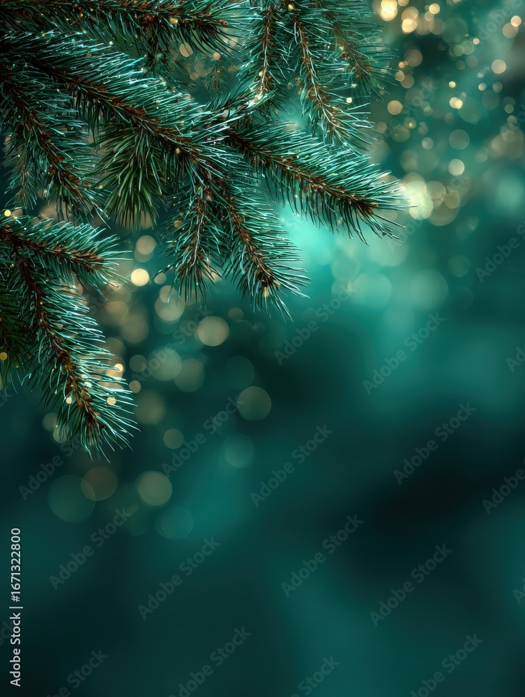Poster green christmas background with tree branches and bokeh lights generative ai
