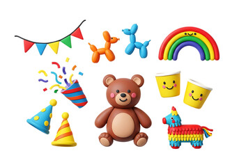 Obraz premium 3d icon of collection of colorful 3d party icons featuring a teddy bear, piata, rainbow, party hats, balloons, and confetti isolated on transparent background