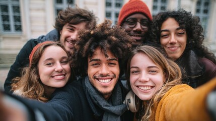 happy friends from diverse cultures and races taking selfie with back lighting  youth and friendship concept with young people having fun together  main focus on left two guys  retro filter no logos 