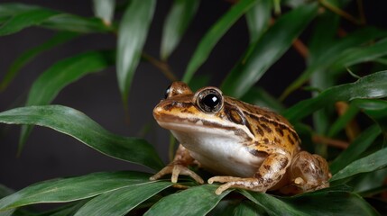 Obraz premium Close-Up of Frog on Leaf Surrounded by Greenery in Studio Setting