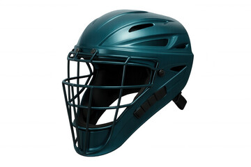 Catcher's helmet featuring a teal finish and a protective face mask, isolated on a transparent background