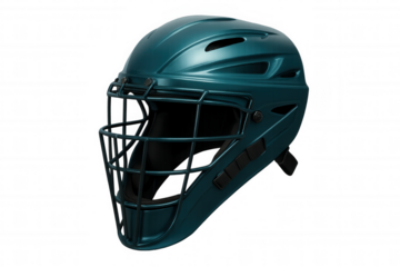 Catcher's helmet featuring a teal finish and a protective face mask, isolated on a transparent background