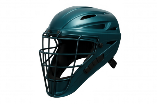 Catcher's helmet featuring a teal finish and a protective face mask, isolated on a transparent background