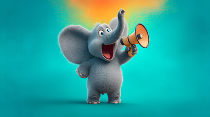 A cute elephant excitedly speaks into a large megaphone © Zay WIn Htai