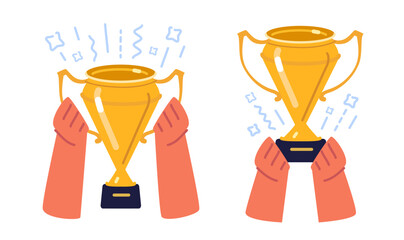Hands holding gold trophy cup. Award ceremony, winner, first place prize. Symbol of success, victory and achievement