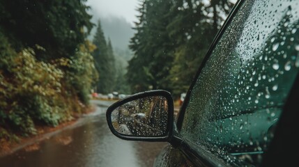 A close-up of a car window with raindrops, parked on a forest road surrounded by tall, misty pine trees
