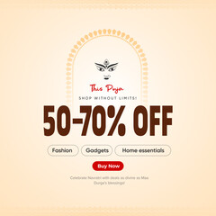 Durga Puja Festival Sale Banner with Dhunuchi Dance and Discount Offers