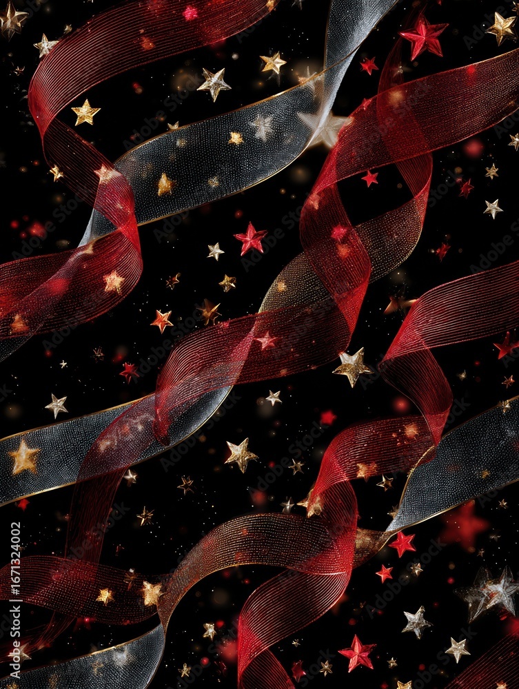 Poster swirl ribbons and stars on black background with intricate starry patterns and festive designs chris