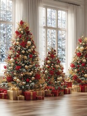 three decorated christmas trees with red and gold ornaments displayed indoors festive holiday decor