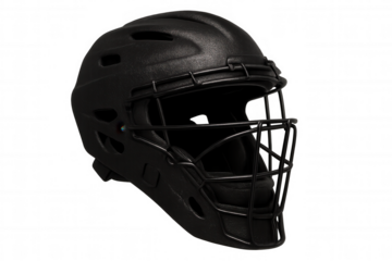 Studio shot of a black catcher's helmet, isolated on a transparent background, ready for action on the baseball field