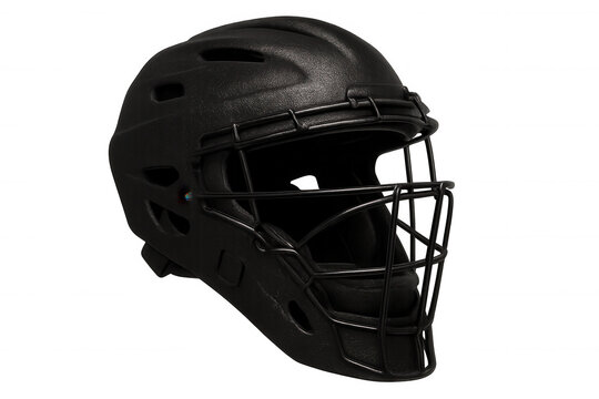 Studio shot of a black catcher's helmet, isolated on a transparent background, ready for action on the baseball field