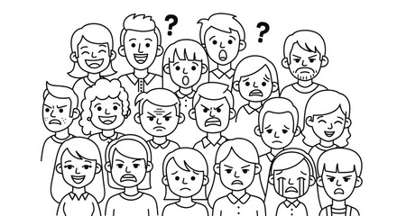 Diverse Group of People Expressing Varied Emotions from Happy to Angry and Confused, Isolated White Background