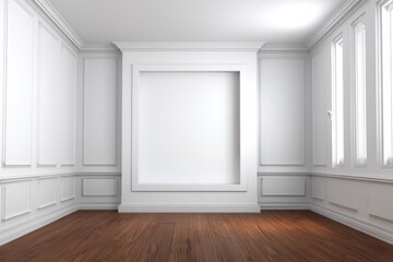 A bright, empty room with white paneled walls, large windows, and wooden flooring, featuring a recessed square niche in the center wall