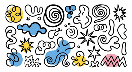Vibrant collection of abstract doodle shapes, swirls, stars, and splatters with colorful accents, on a white background.