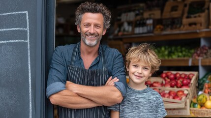 Fototapeta premium middleaged male grocer standing in front of his shop with an arm around his young son and smiling at the camera no logos no brands ar 169