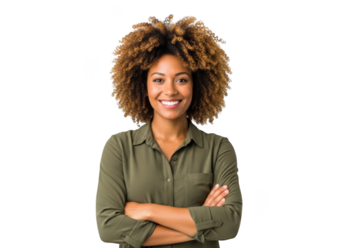 A beautiful young woman with curly afro hair smiling confidently with her arms crossed, isolated on transparent background