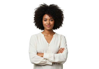 Beautiful young african american woman with curly afro hair, wearing a white blouse, arms crossed, smiling confidently, isolated on transparent background