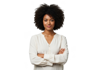 Beautiful young african american woman with curly afro hair, wearing a white blouse, arms crossed, smiling confidently, isolated on transparent background
