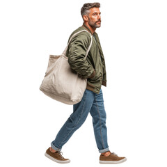 Fototapeta premium Man wearing jeans, military-style bomber jacket, sneakers, walking with blank canvas tote bag on shoulder, side full-body view. Isolated object with transparent background. Urban style