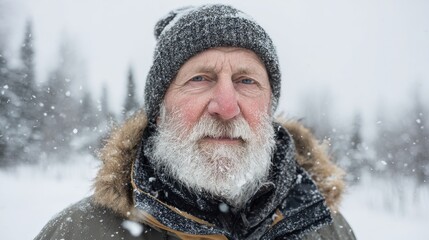 Fototapeta premium portrait of senior man standing in snowcovered winter nature looking at camera no logos no brands ar 169