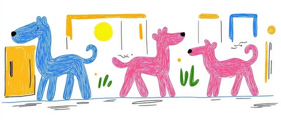 Fototapeta premium Playful and Colorful Collection of Doodles Featuring Whimsical Dogs in Various Colors on a Bright Background