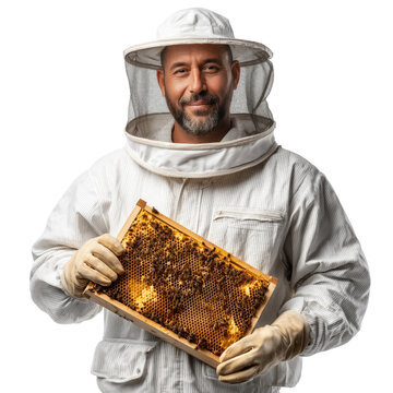 Friendly smiling middle-aged young male beekeeper in protective gear with mask, standing holding honeycomb. Isolated object with transparent background. Apiary work, rural profession, natural product