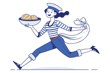 Obraz premium Running Cartoon Sailor Girl Holding Bowl of Buns and Bag in Blue Outfit