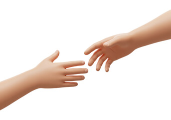 Isolated rendering of two hands reaching, seeking connection or help, concept of support