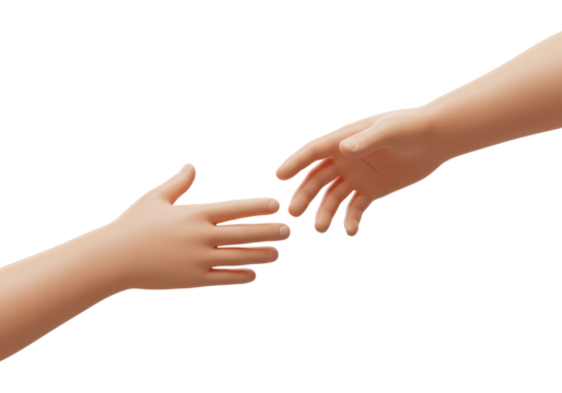 Isolated rendering of two hands reaching, seeking connection or help, concept of support