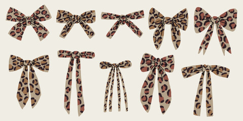 Bow Leopard Pattern Print Graphic Set. Girl Fashion Ribbon Design Collection. Vector Hand Drawn Illustration