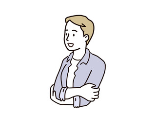 腕を組み考える男性