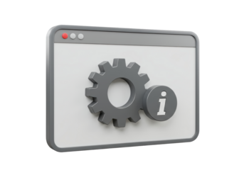 Isolated browser window mockup showing cogwheel and info symbol, technical information