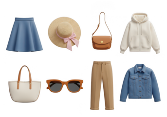 3d icon of fashionable womens clothing and accessories laid out flat isolated on transparent background