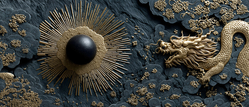 Japanese Myth・Amaterasu's Iwato Etching | Obsidian Door with Yata Mirror Engravings, Rice-Stalk Light Rays from Gap, Broken Magatama Necklace, Yamata-no-Orochi Shadow