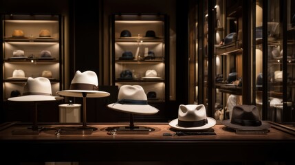 A stylish hat shop displays a variety of elegant hats on stands, with shelves of hats in the softly lit background