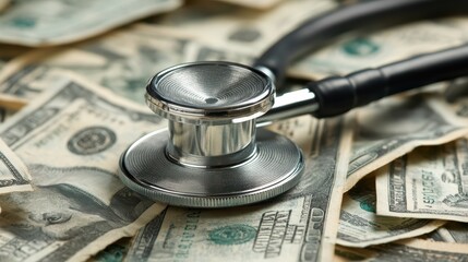 A stethoscope rests on a pile of US dollar bills, symbolizing the intersection of healthcare and financial costs