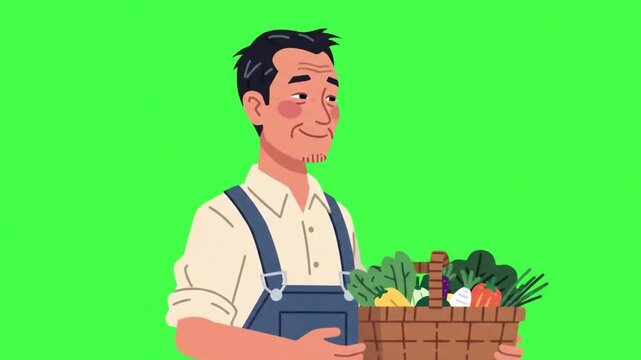 Minimal Farmer Animation Holding Vegetables on Green Screen