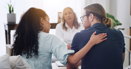Couple, therapist and counseling with support, talk and consultation for mental health at wellness...