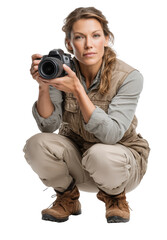 Young Caucasian female photographer in casual outfit: grey long sleeve, beige vest, soft pants, crouching with camera in hand, ready to capture shot. Isolated object with transparent background
