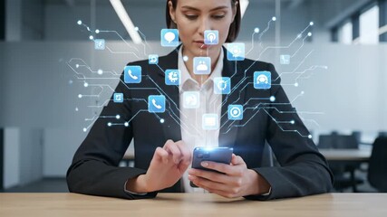 A businesswoman uses a smartphone as a holographic interface with app icons and a digital network emerges. This shows modern technology business connectivity and a futuristic user experience. - Powered by Adobe